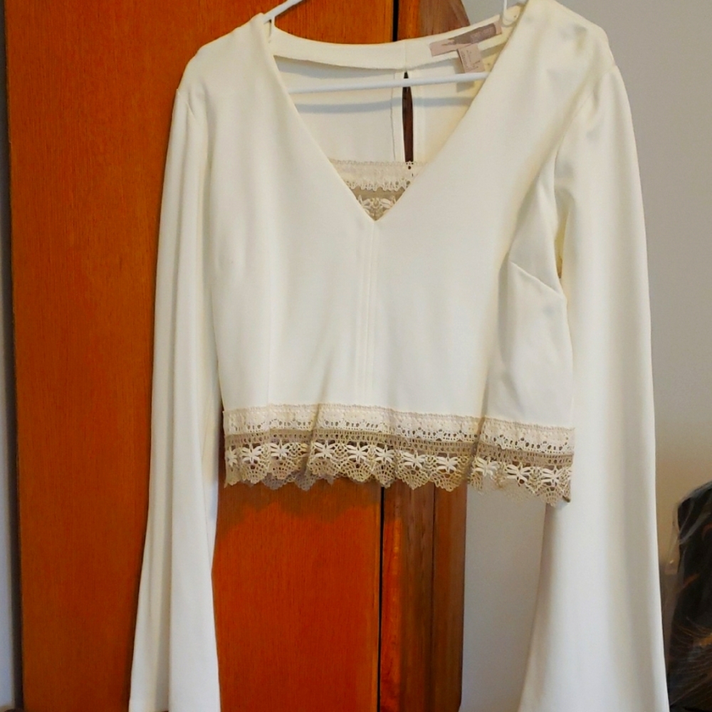 Elegant Cream Lace Trim Women's Top  L